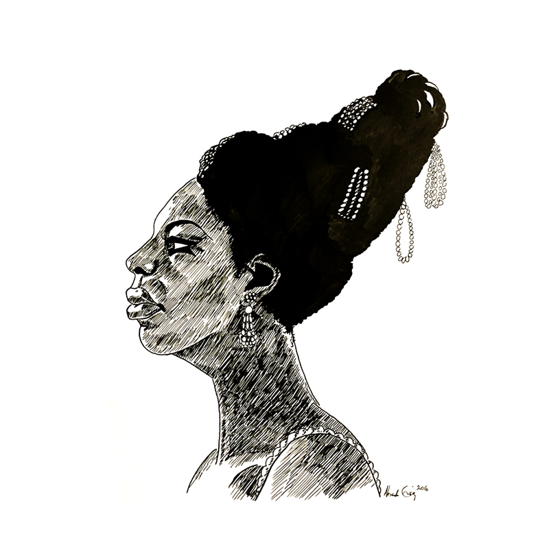 Pen and ink portrait of the vocal jazz singer Nina Simone in profile